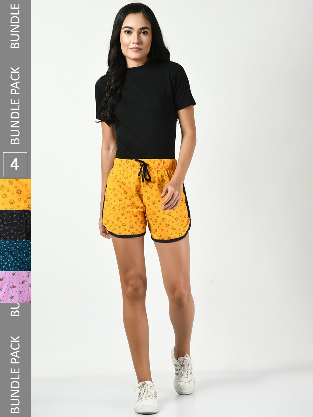 

BAESD Women Pack Of 4 Conversational Printed Pure Cotton Shorts, Yellow