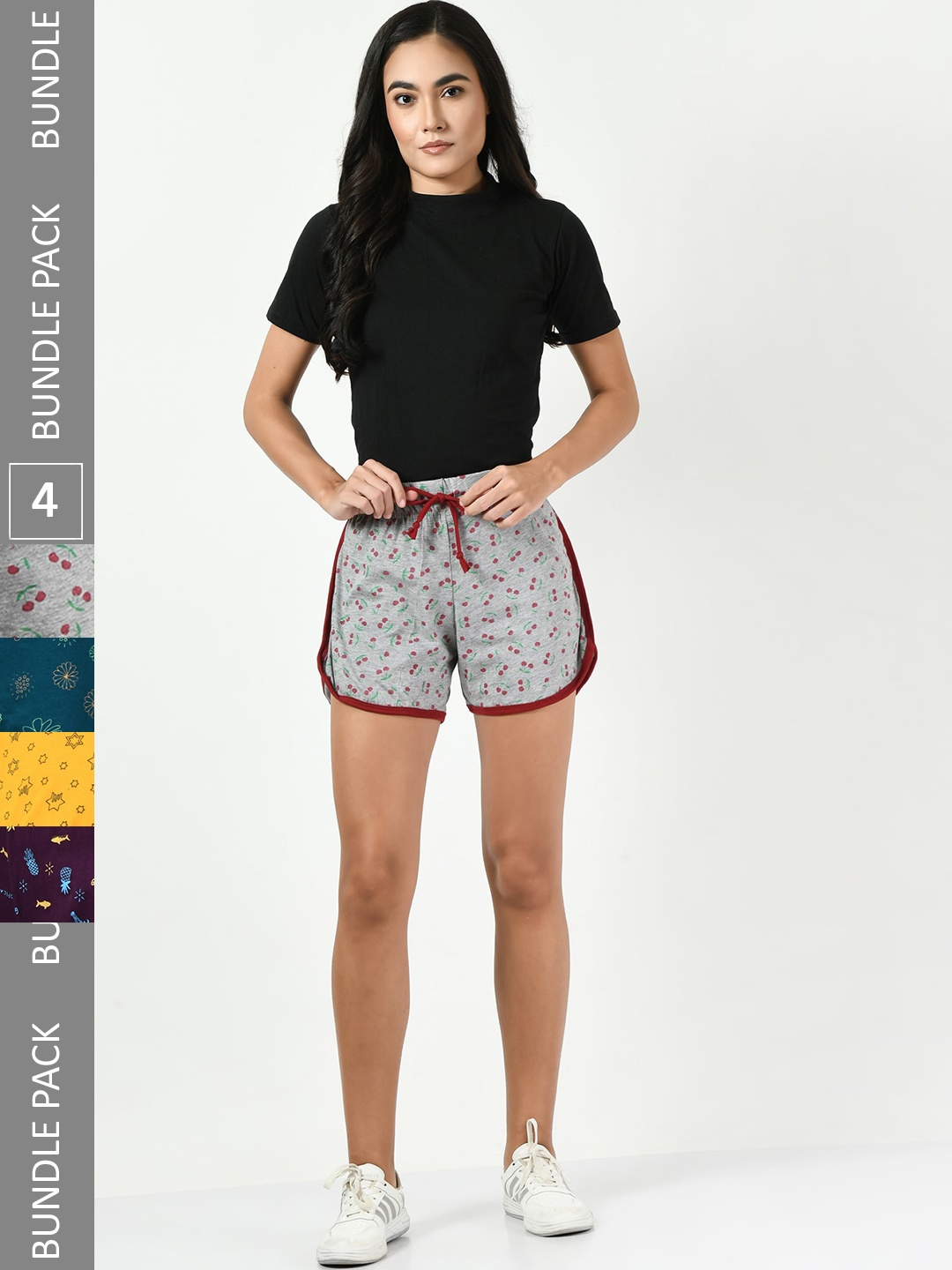 

BAESD Women Pack Of 4 Printed High-Rise Pure Cotton Hot Pants, Grey