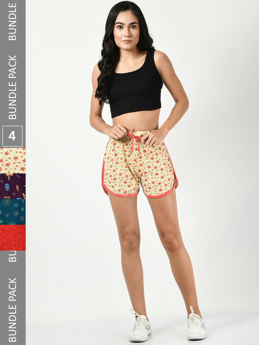 

BAESD Women Pack Of 4 Printed High-Rise Pure Cotton Shorts, Yellow