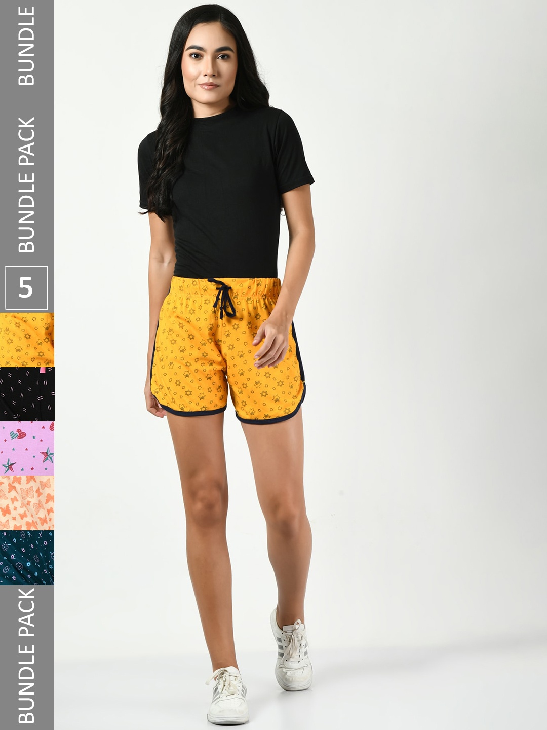 

BAESD Women Pack Of 5 Conversational Printed Pure Cotton Shorts, Yellow