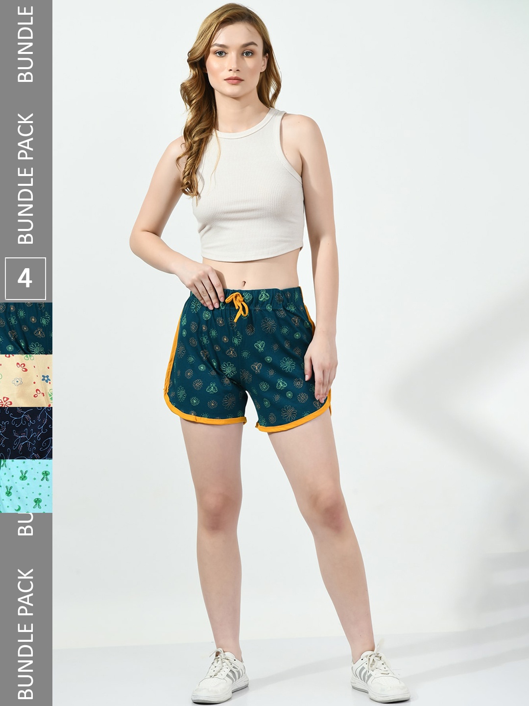

BAESD Women Pack Of 4 Conversational Printed Pure Cotton Shorts, Teal