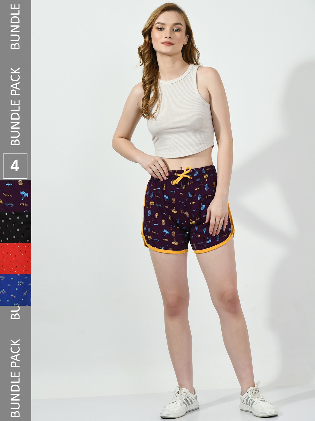 

BAESD Women Pack Of 4 Conversational Printed Pure Cotton Shorts, Purple