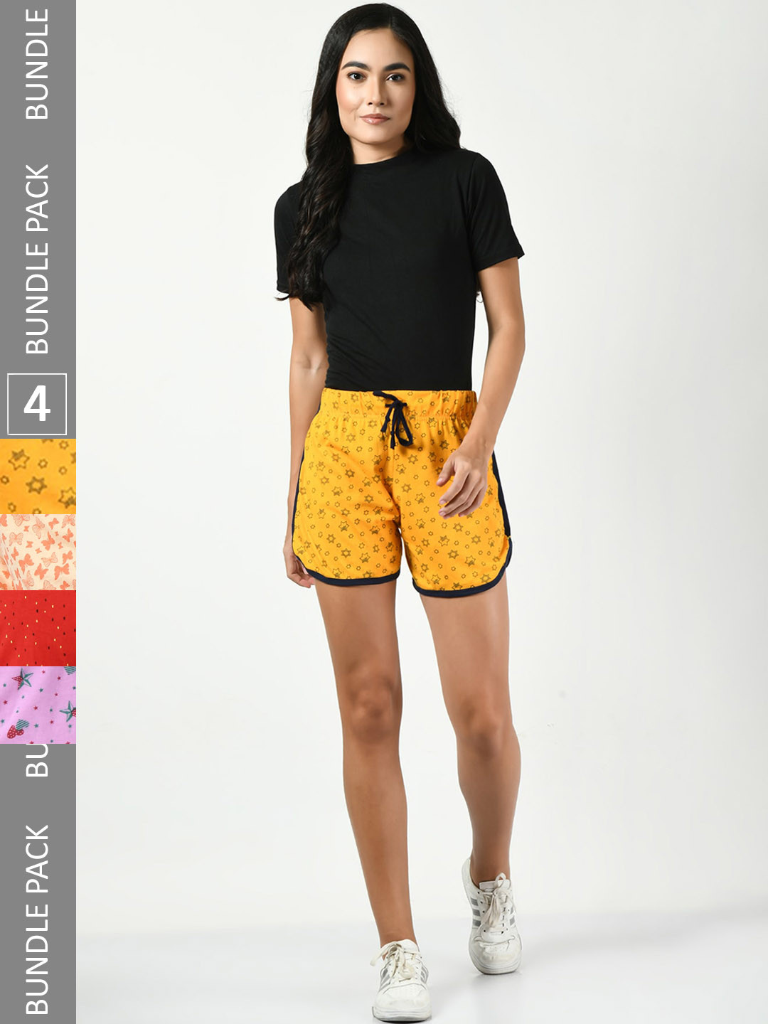 

BAESD Women Pack Of 4 Conversational Printed Pure Cotton Shorts, Yellow