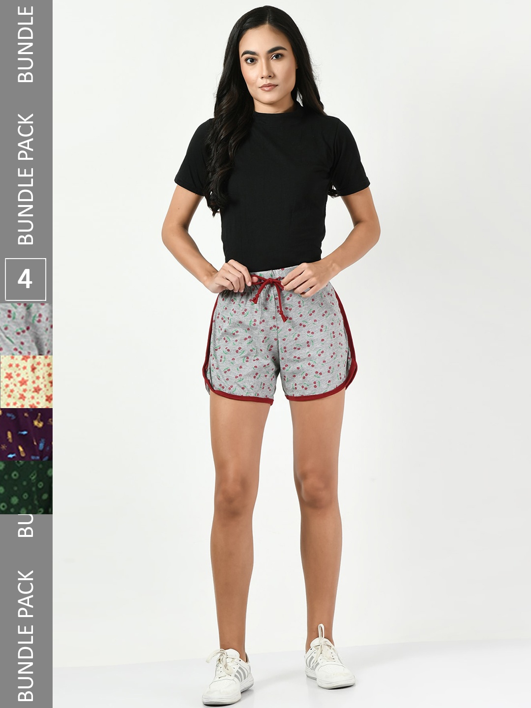 

BAESD Women Pack of 4 Printed High-Rise Pure Cotton Shorts, Grey