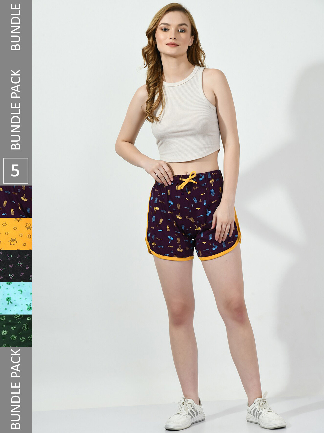 

BAESD Women Pack of 5 Printed High-Rise Pure Cotton Shorts, Purple