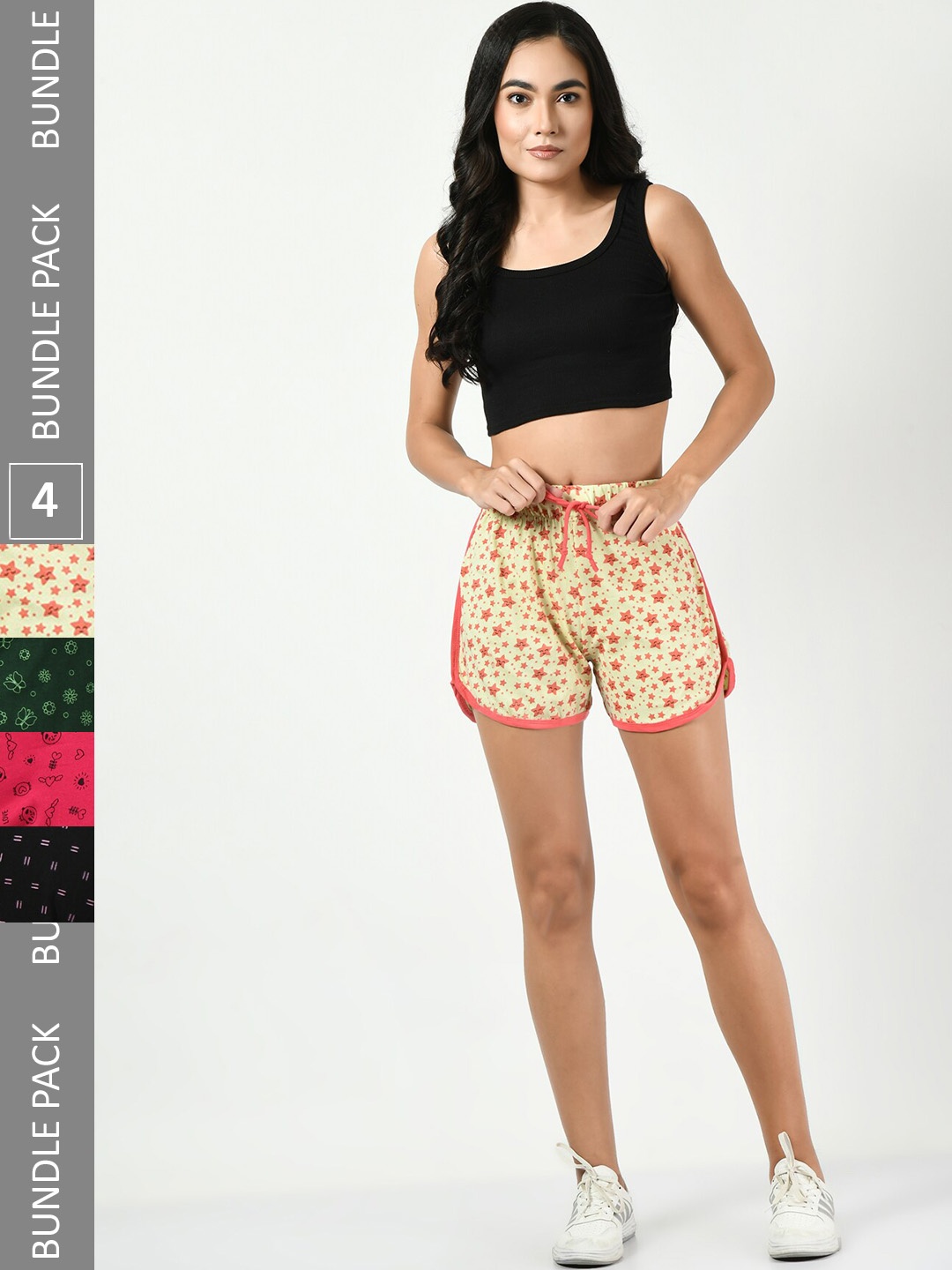 

BAESD Women Pack of 4 Printed High-Rise Pure Cotton Shorts, Yellow