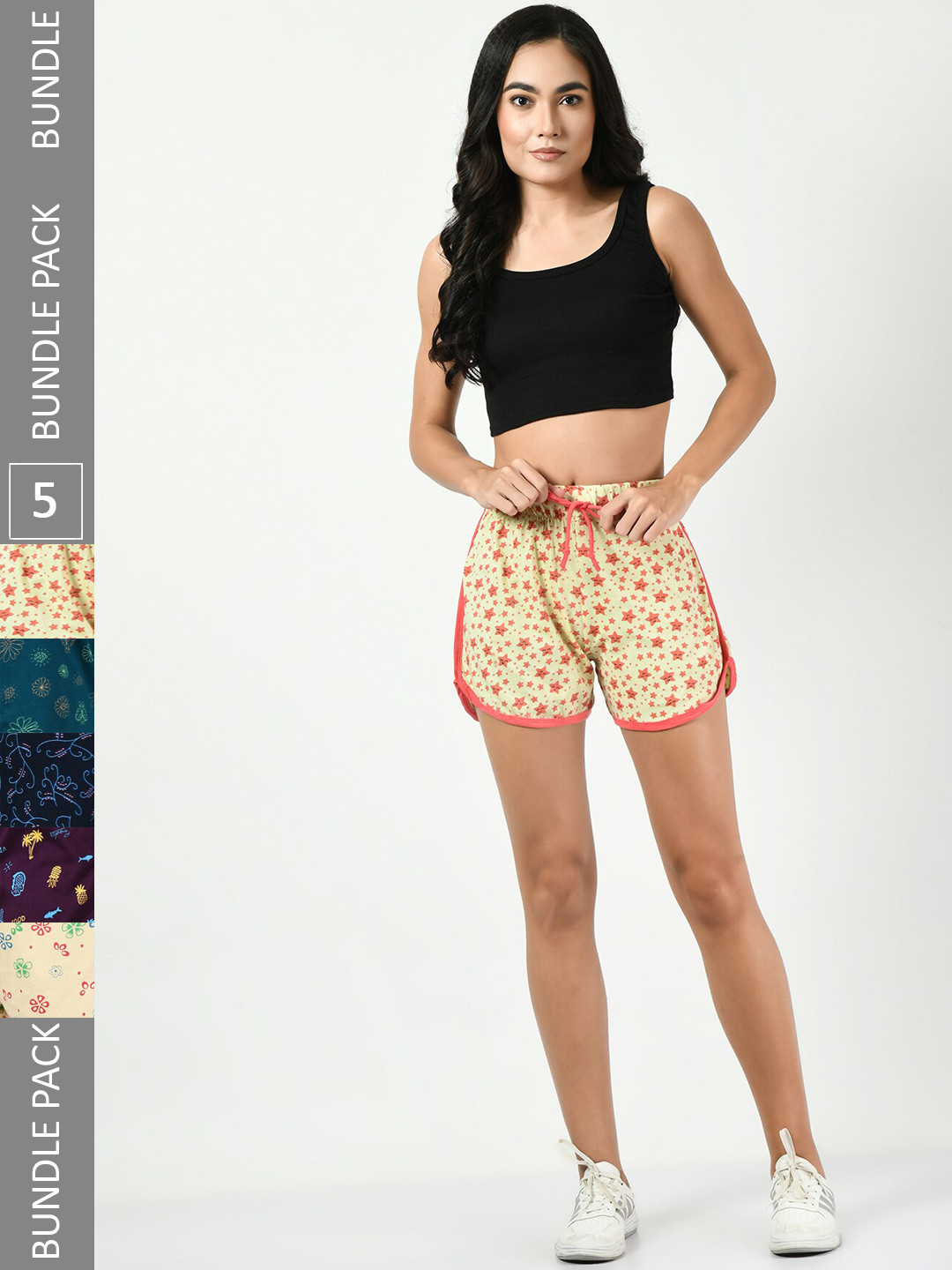 

BAESD Women Pack of 5 Printed High-Rise Pure Cotton Shorts, Yellow