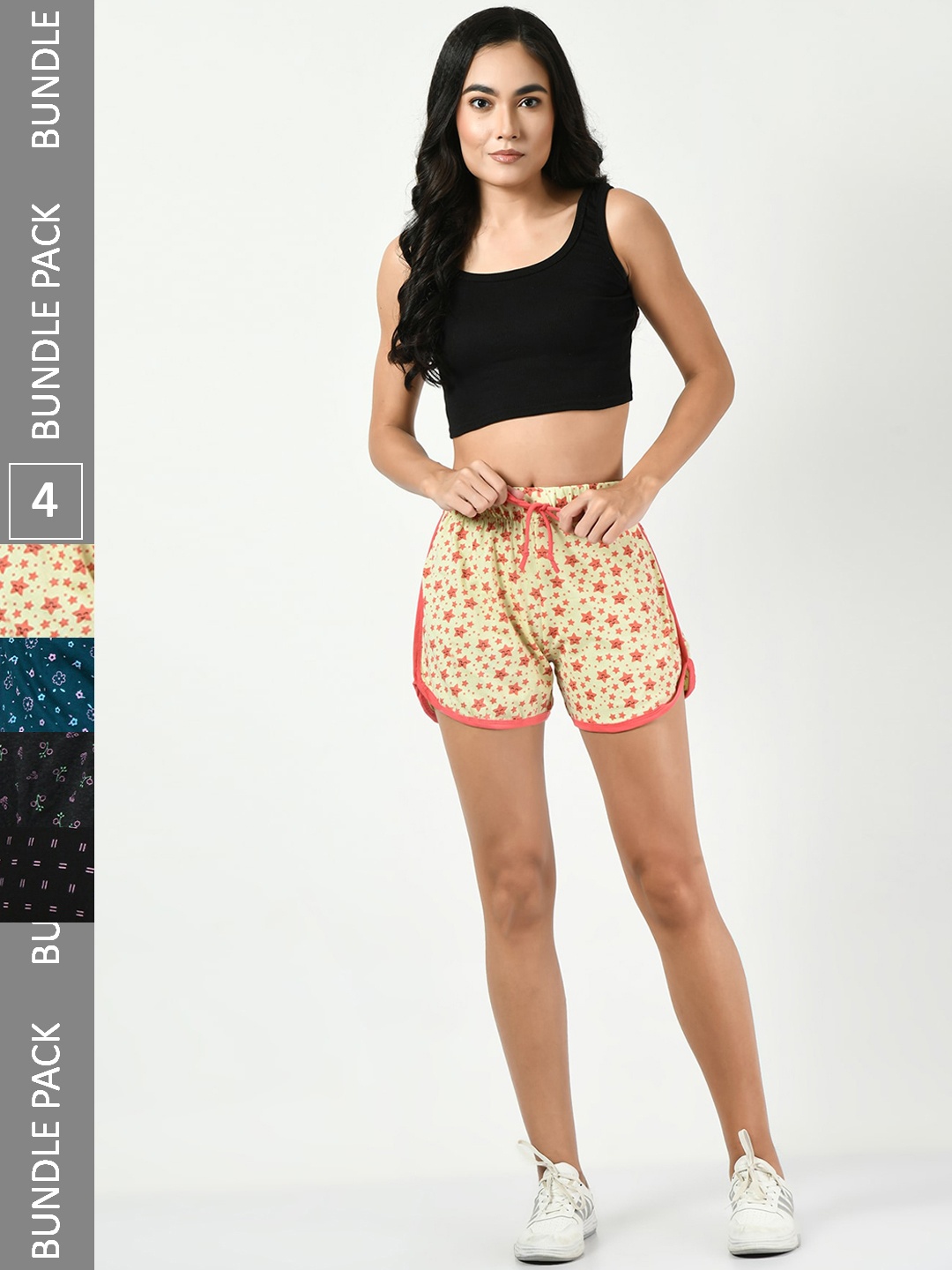 

BAESD Women Pack Of 4 Printed High-Rise Pure Cotton Shorts, Yellow