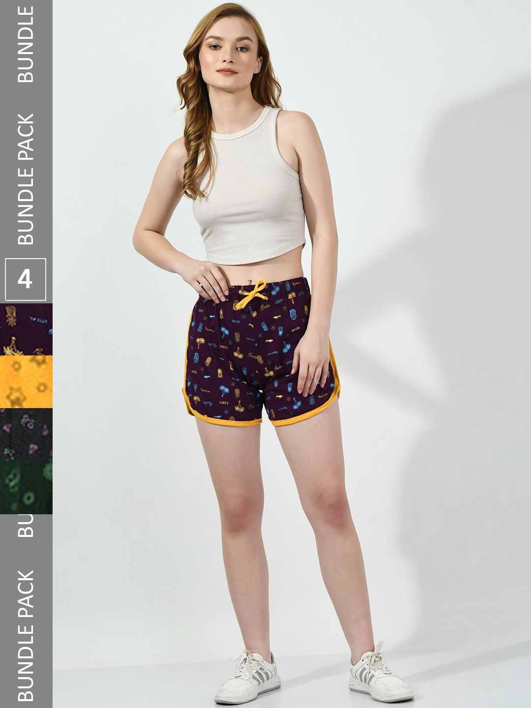 

BAESD Women Pack of 4 Printed High-Rise Pure Cotton Shorts, Purple