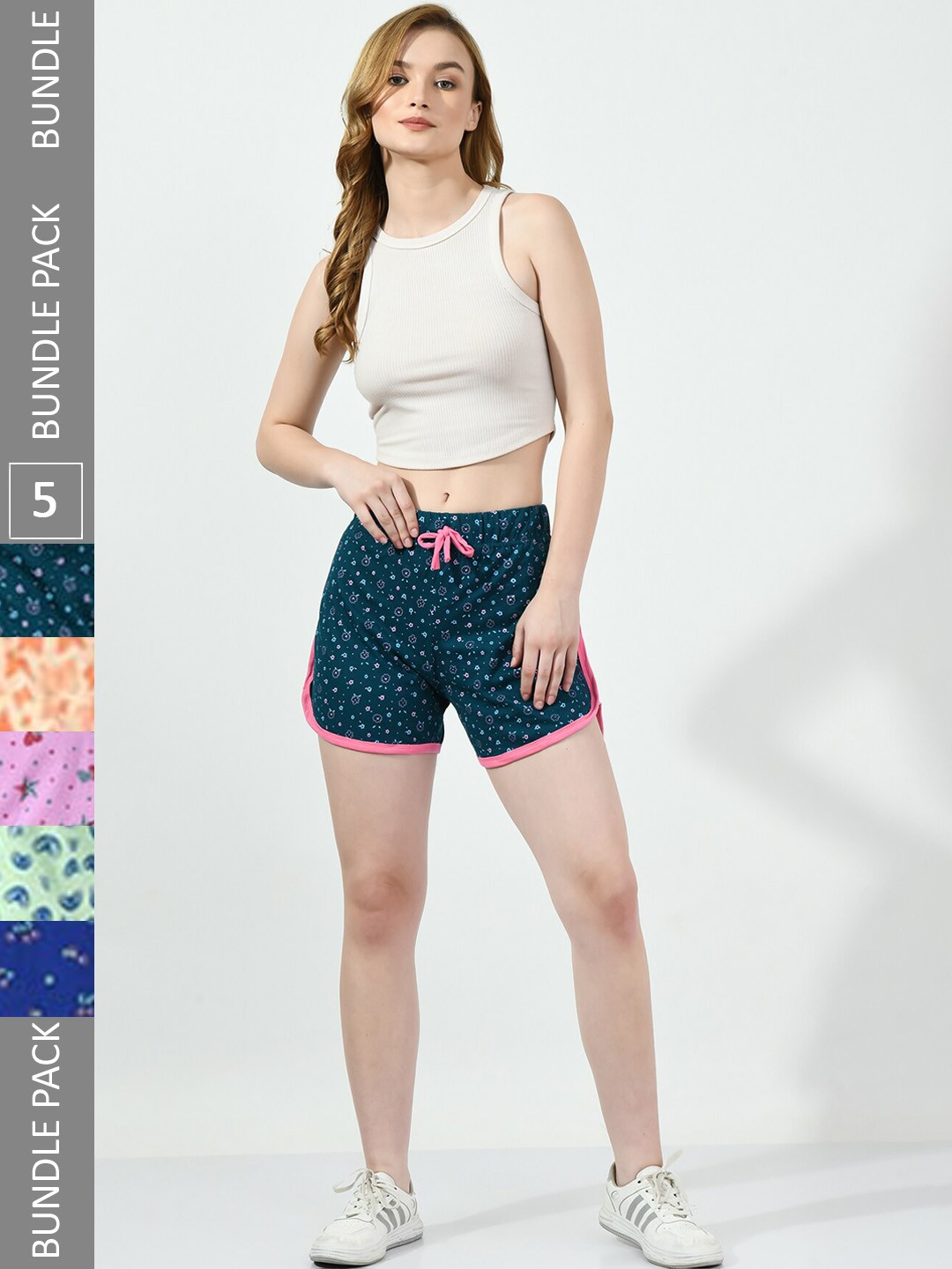 

BAESD Women Pack Of 5 Conversational Printed High-Rise Pure Cotton Shorts, Teal