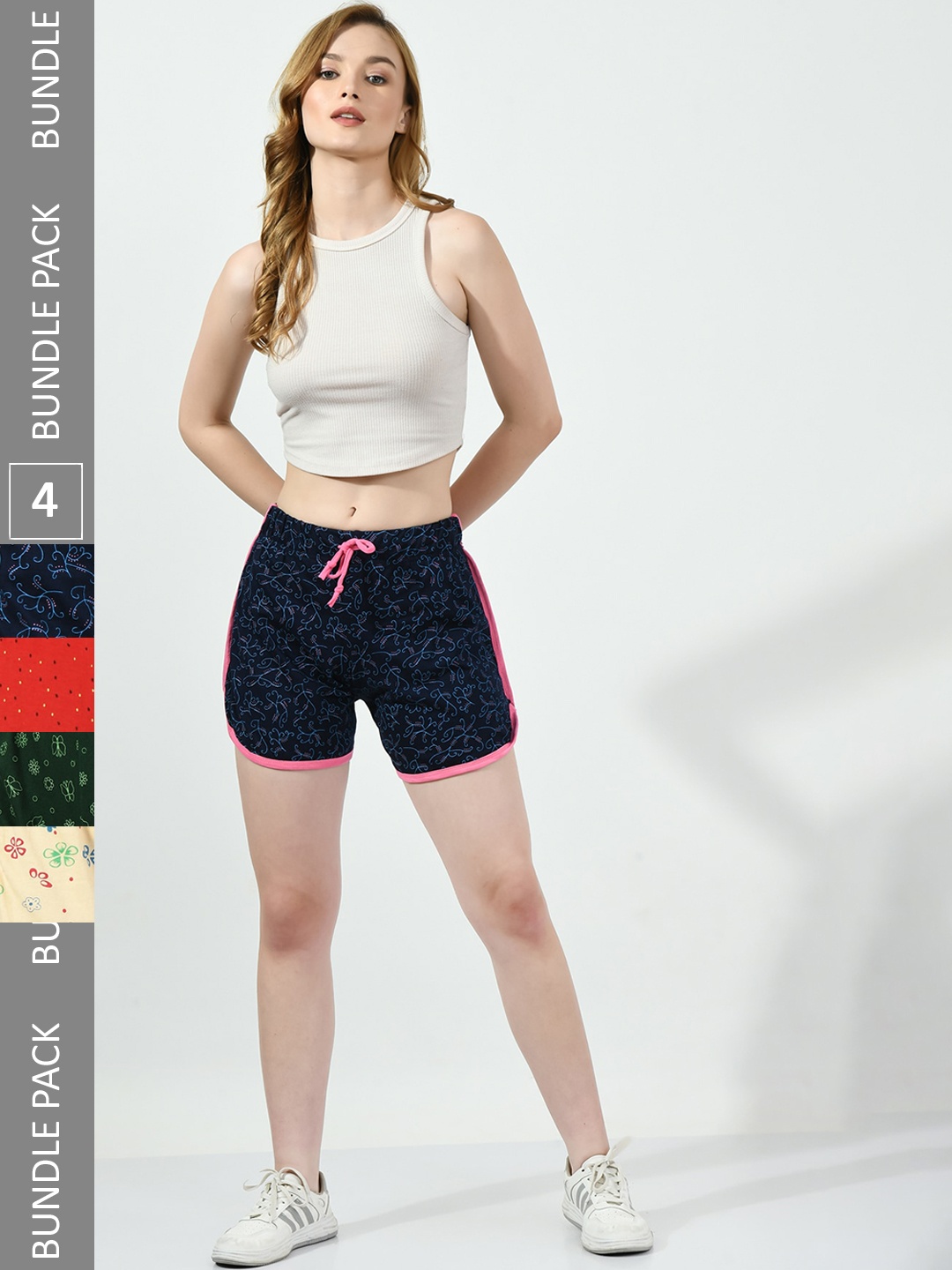 

BAESD Women Pack Of 4 Conversational Printed High-Rise Pure Cotton Shorts, Navy blue