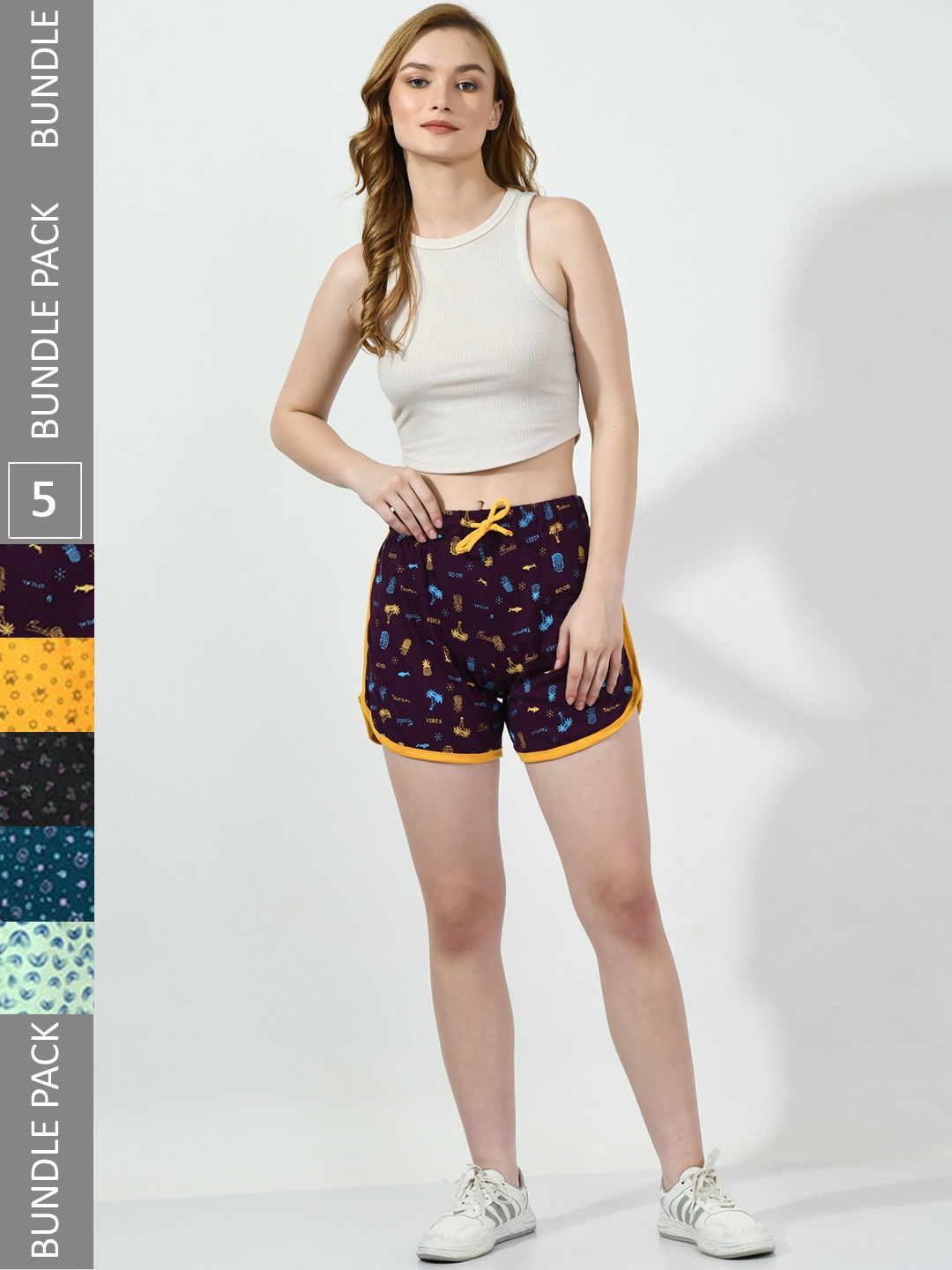 

BAESD Women Pack Of 4 Conversational Printed High-Rise Pure Cotton Shorts, Purple