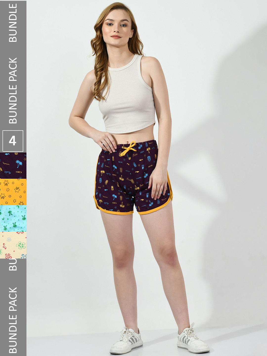 

BAESD Women Pack Of 4 Conversational Printed High-Rise Pure Cotton Shorts, Purple