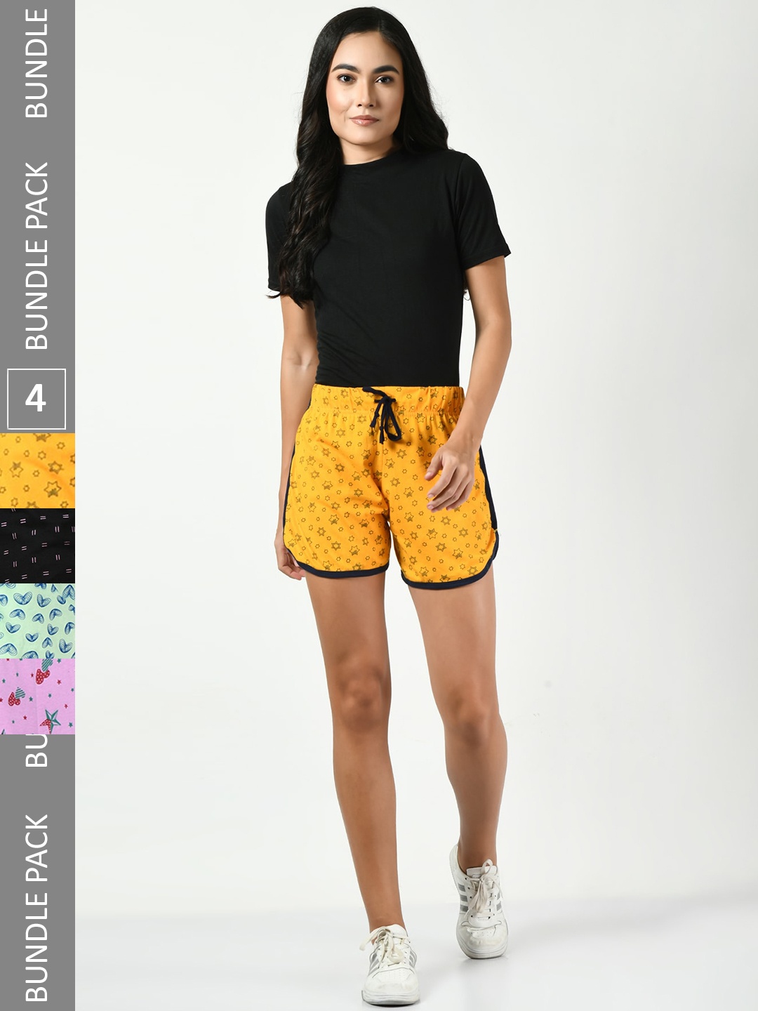 

BAESD Women Pack Of 4 Conversational Printed High-Rise Pure Cotton Shorts, Yellow