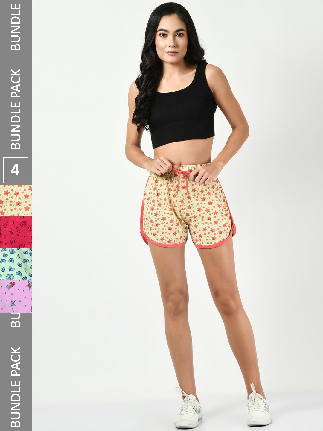 

BAESD Women Pack Of 4 Conversational Printed High-Rise Pure Cotton Shorts, Yellow