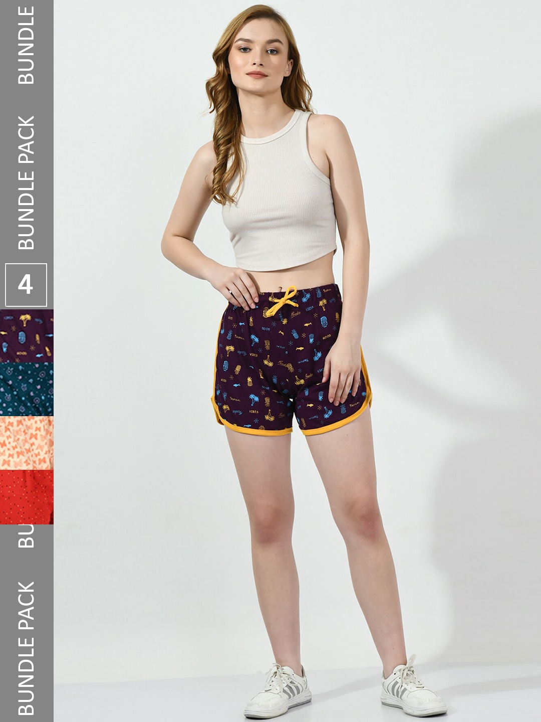 

BAESD Women Pack Of 4 Conversational Printed High-Rise Pure Cotton Shorts, Purple