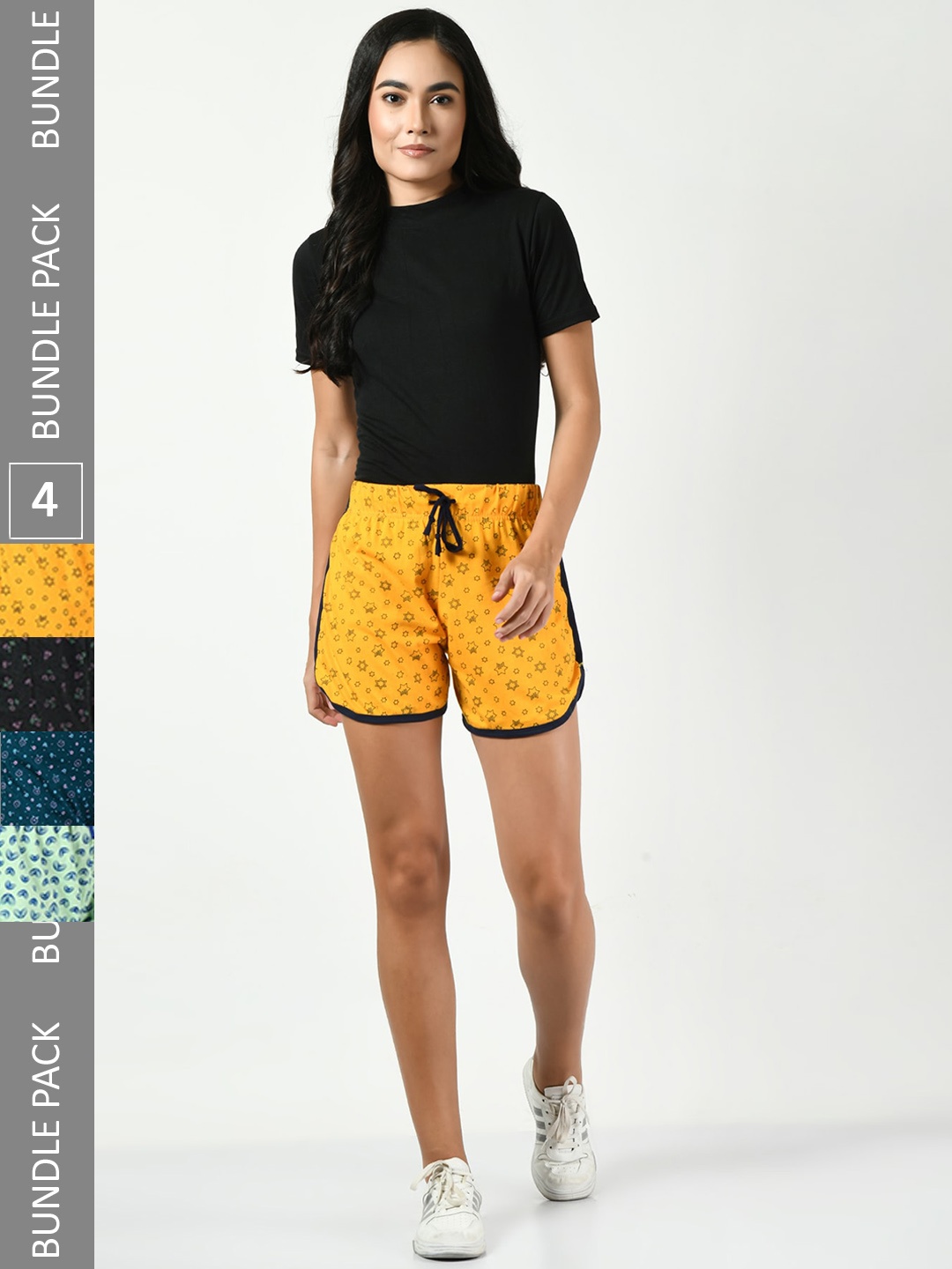 

BAESD Women Pack Of 4 Conversational Printed High-Rise Pure Cotton Shorts, Yellow