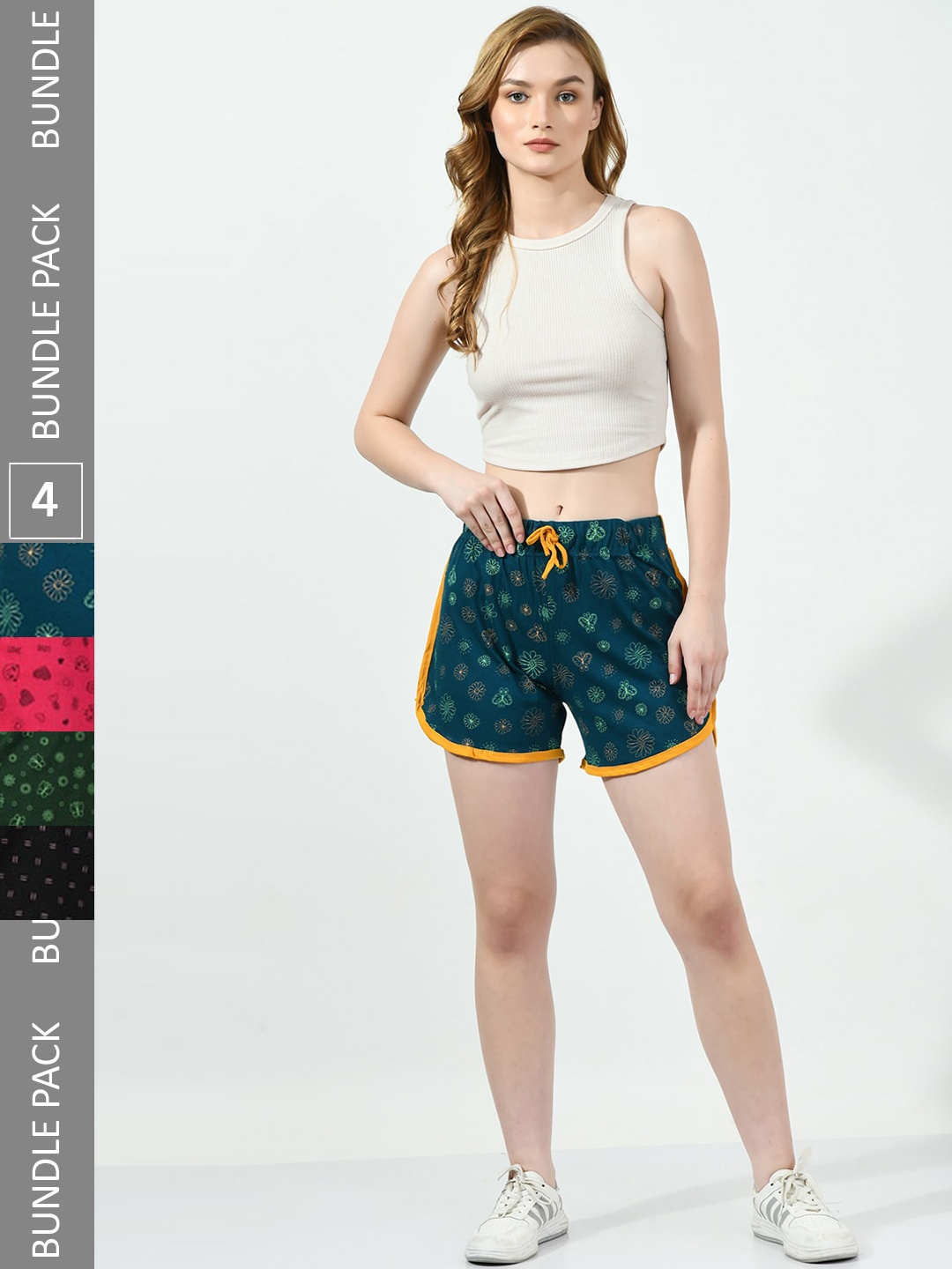 

BAESD Pack Of 4 Conversational Printed High-Rise Pure Cotton Shorts, Teal