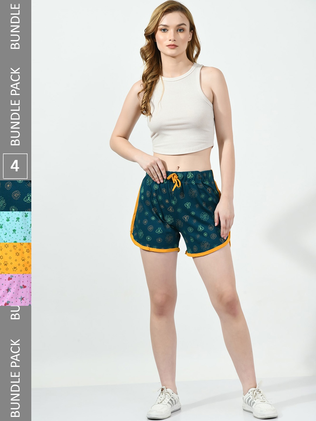 

BAESD Women Pack Of 4 Conversational Printed High-Rise Pure Cotton Shorts, Yellow