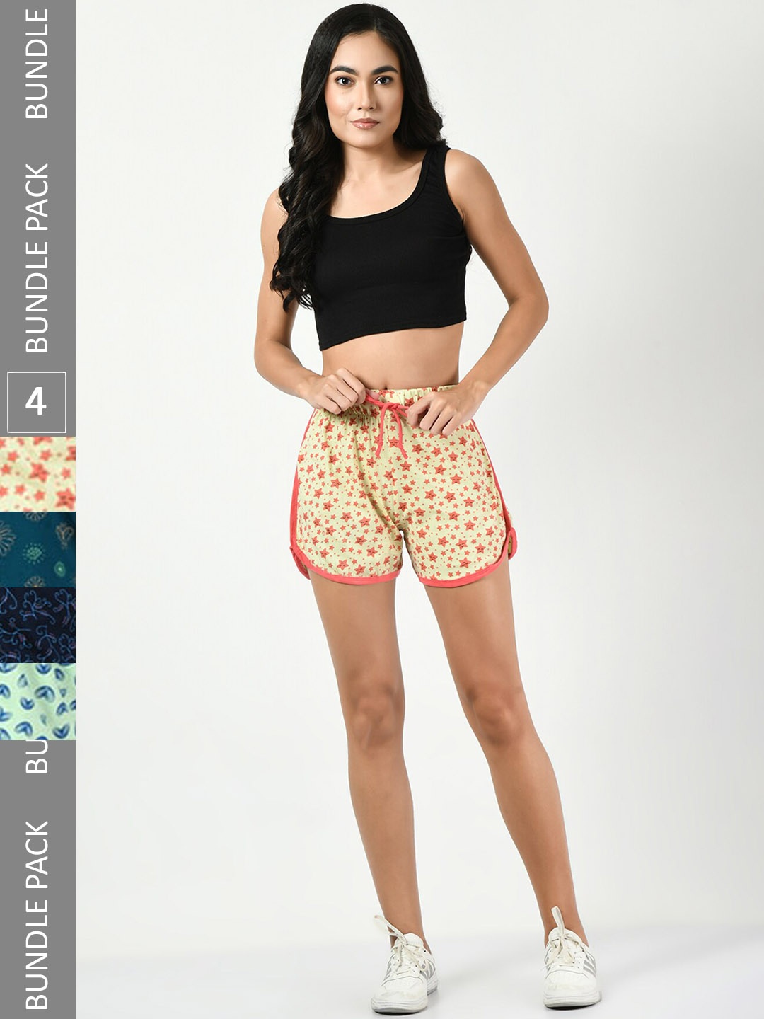 

BAESD Women Pack Of 4 Printed High-Rise Pure Cotton Shorts, Yellow