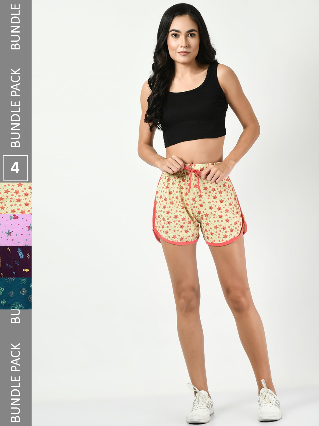 

BAESD Women Pack of 4 Conversational Printed Pure Cotton Hot Pants Shorts, Yellow