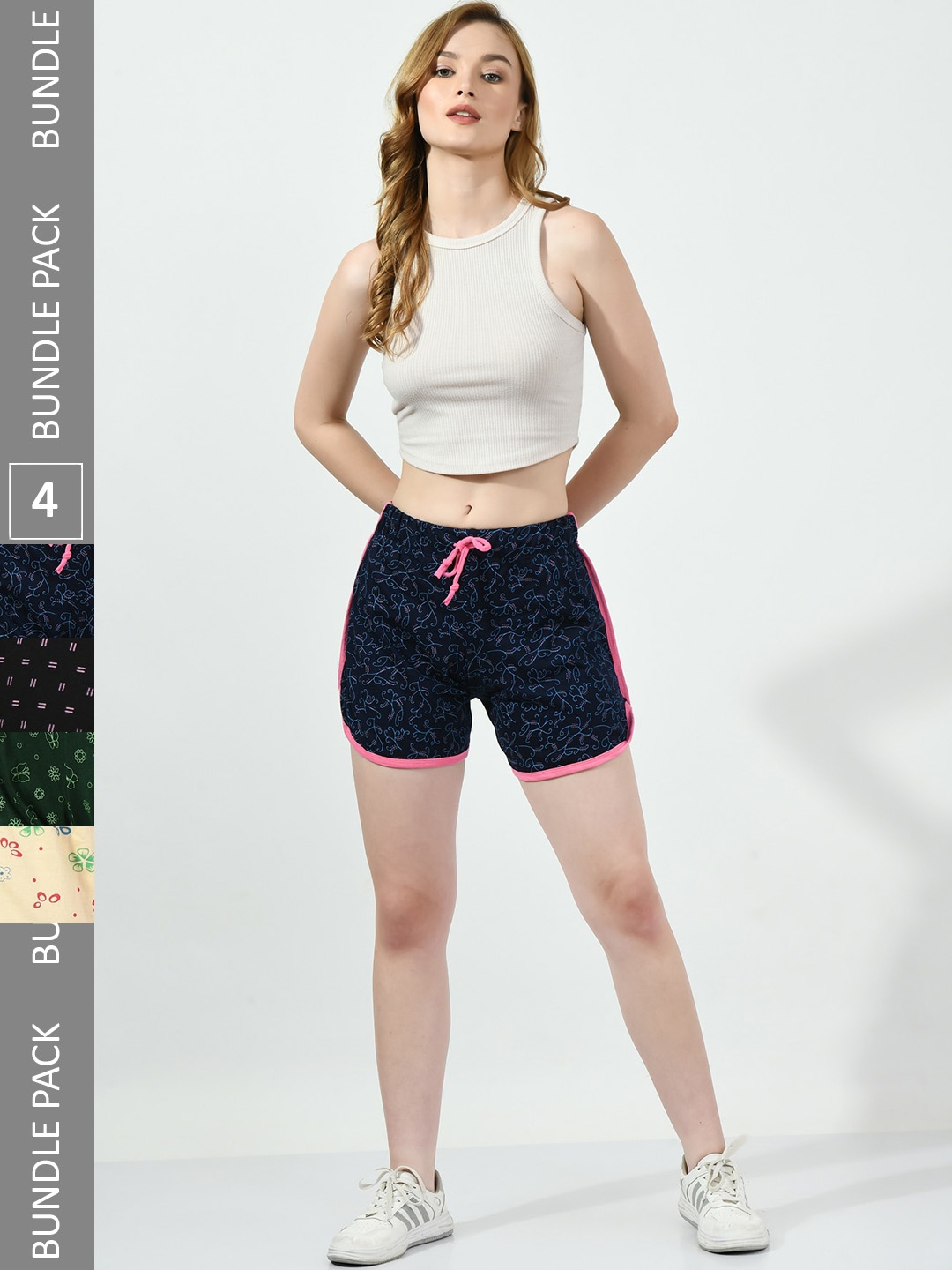 

BAESD Women Pack Of 4 Conversational Printed High-Rise Pure Cotton Hot Pants, Navy blue