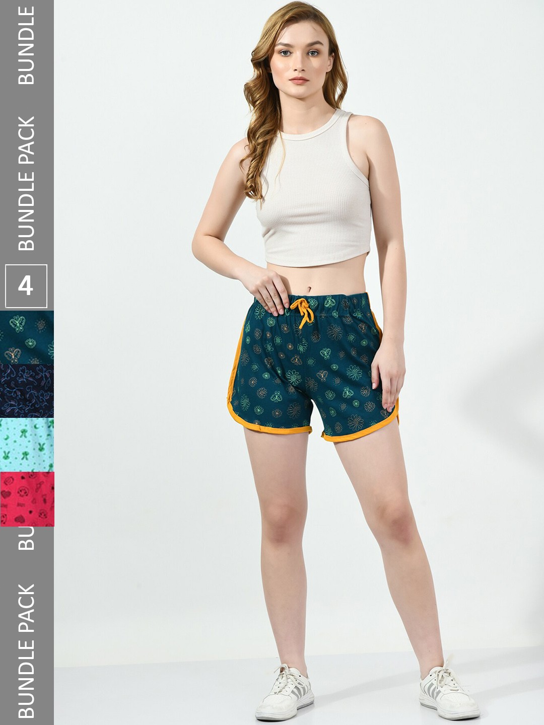 

BAESD Women Pack Of 4 Conversational Printed High-Rise Pure Cotton Hot Pants, Teal