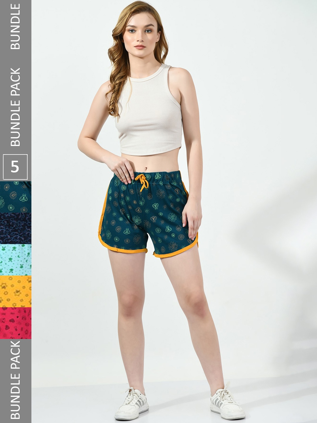 

BAESD Women Pack Of 5 Conversational Printed High-Rise Pure Cotton Hot Pants, Teal