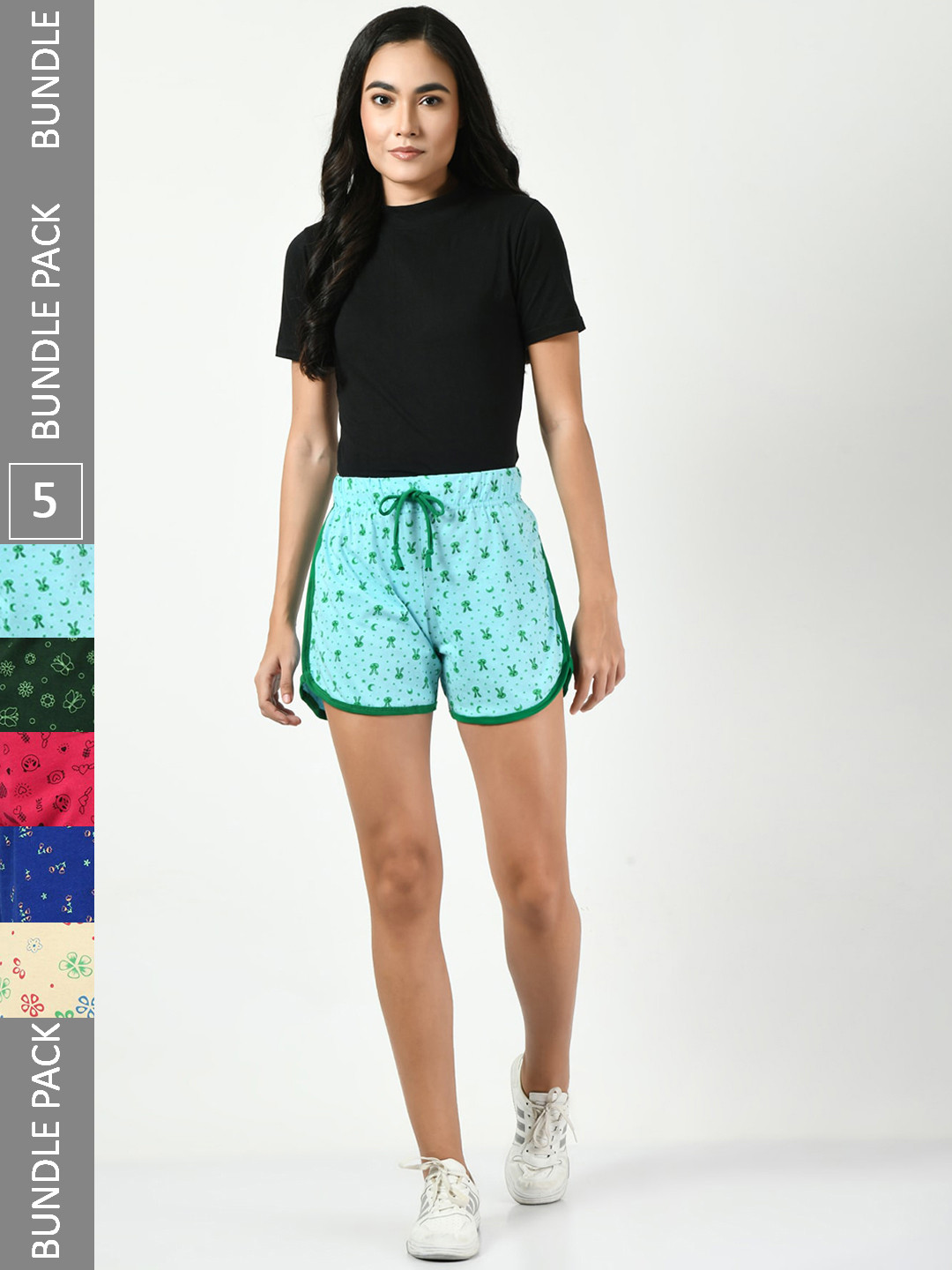 

BAESD Women Pack Of 5 Conversational Printed High-Rise Pure Cotton Hot Pants, Turquoise blue