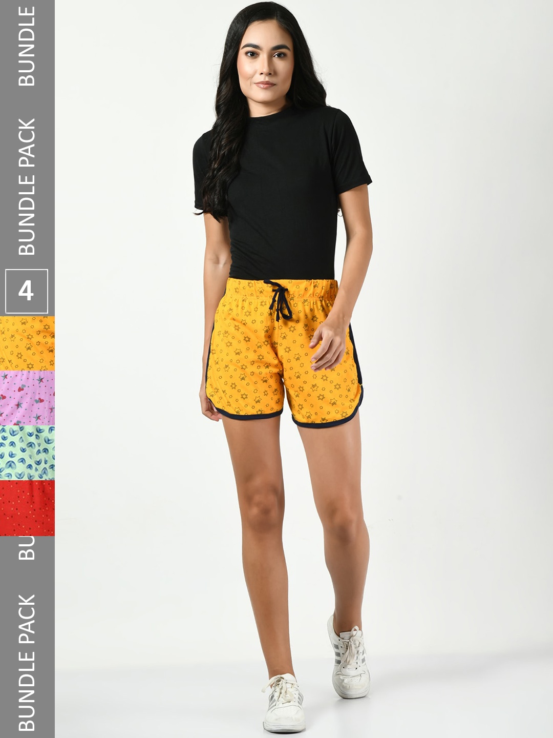 

BAESD Women Pack Of 4 High-Rise Floral Printed Pure Cotton Shorts, Yellow