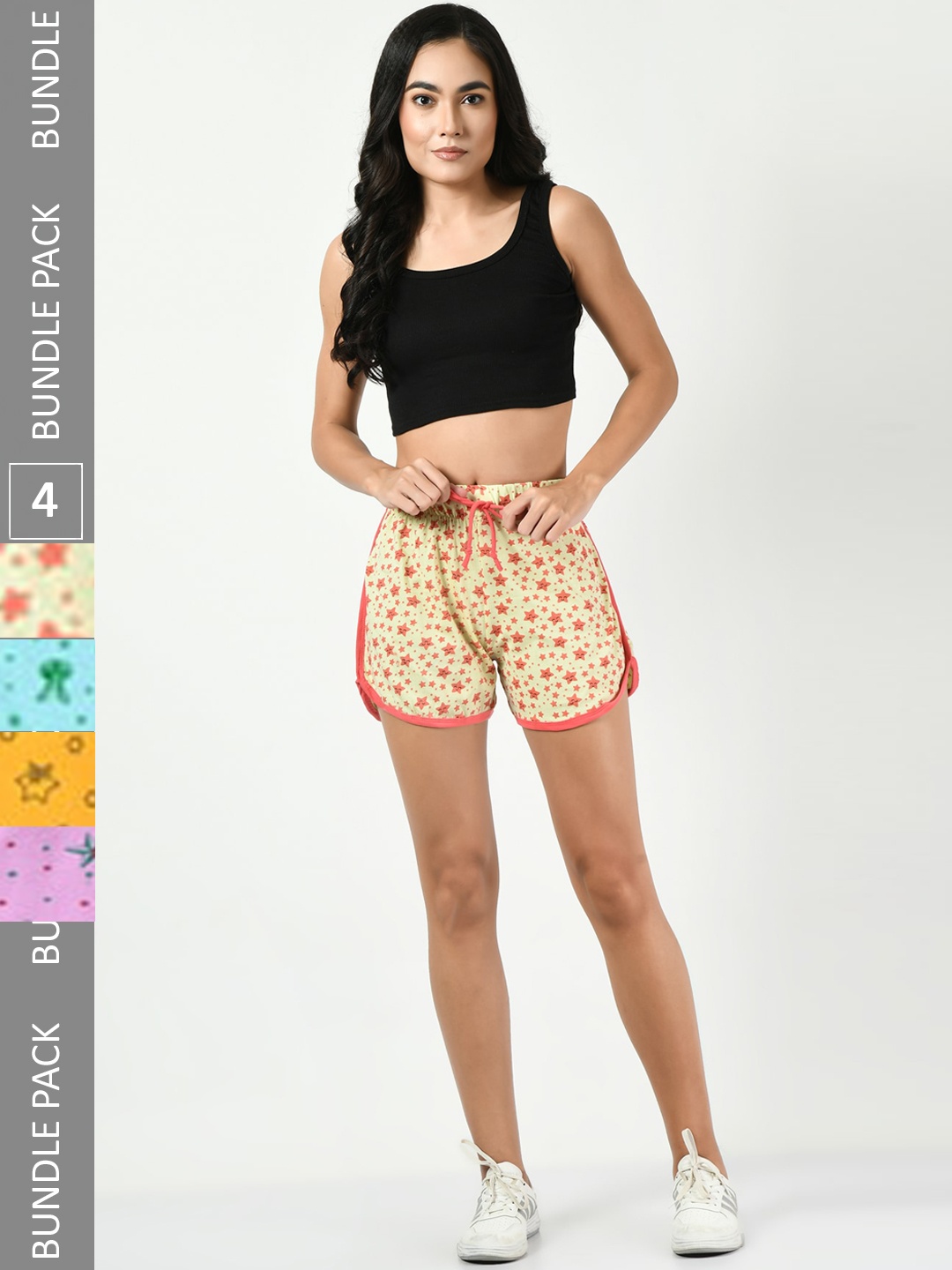 

BAESD Women Pack Of 4 High-Rise Floral Printed Pure Cotton Shorts, Yellow