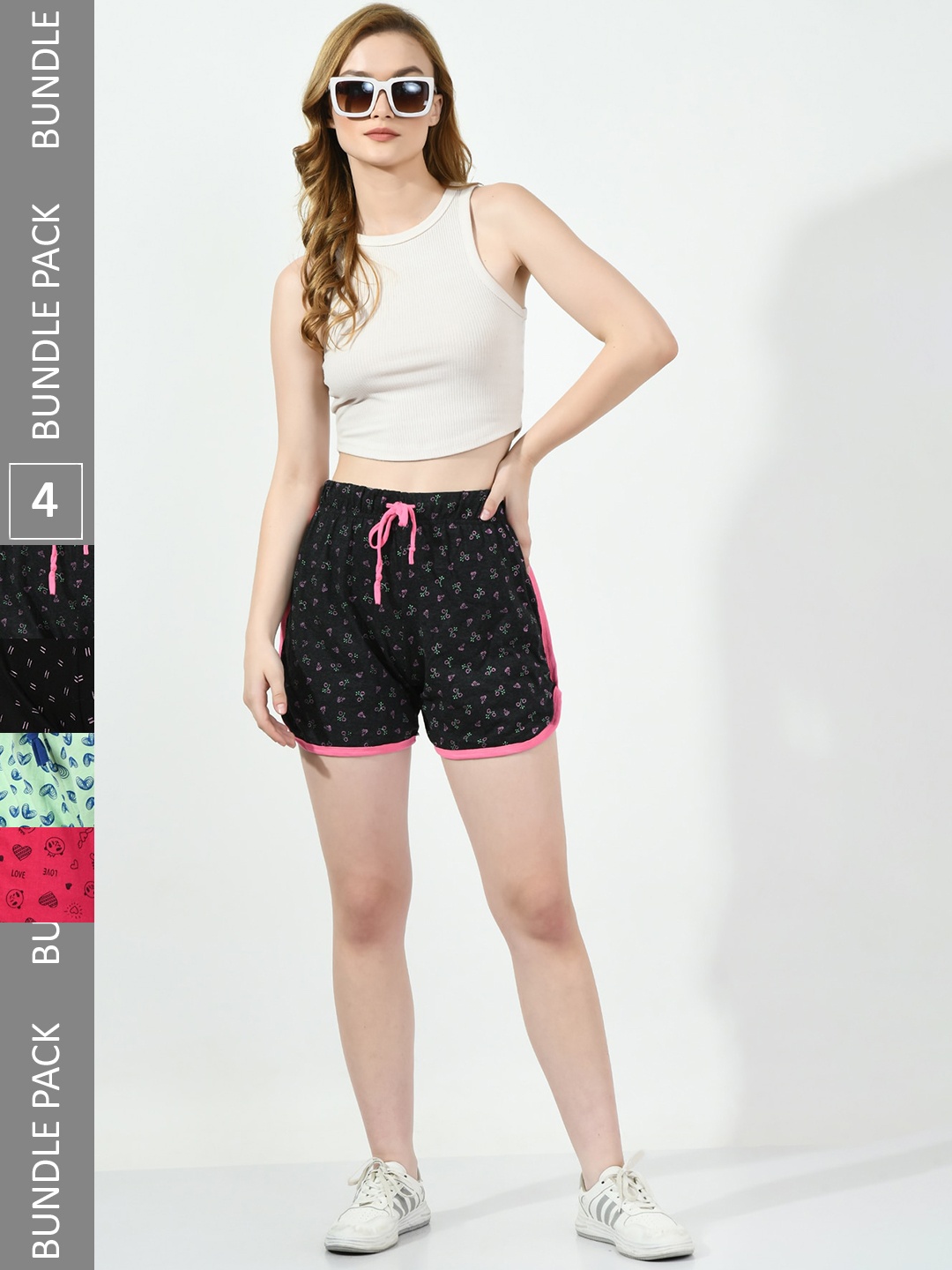 

BAESD Women Pack Of 4 High-Rise Floral Printed Pure Cotton Shorts, Black