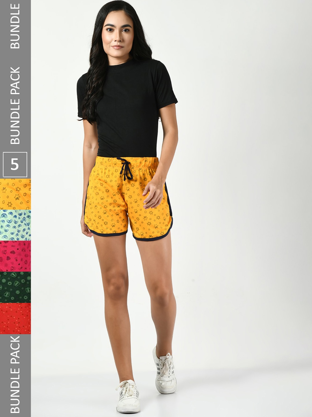 

BAESD Women Pack Of 5 High-Rise Floral Printed Pure Cotton Shorts, Yellow