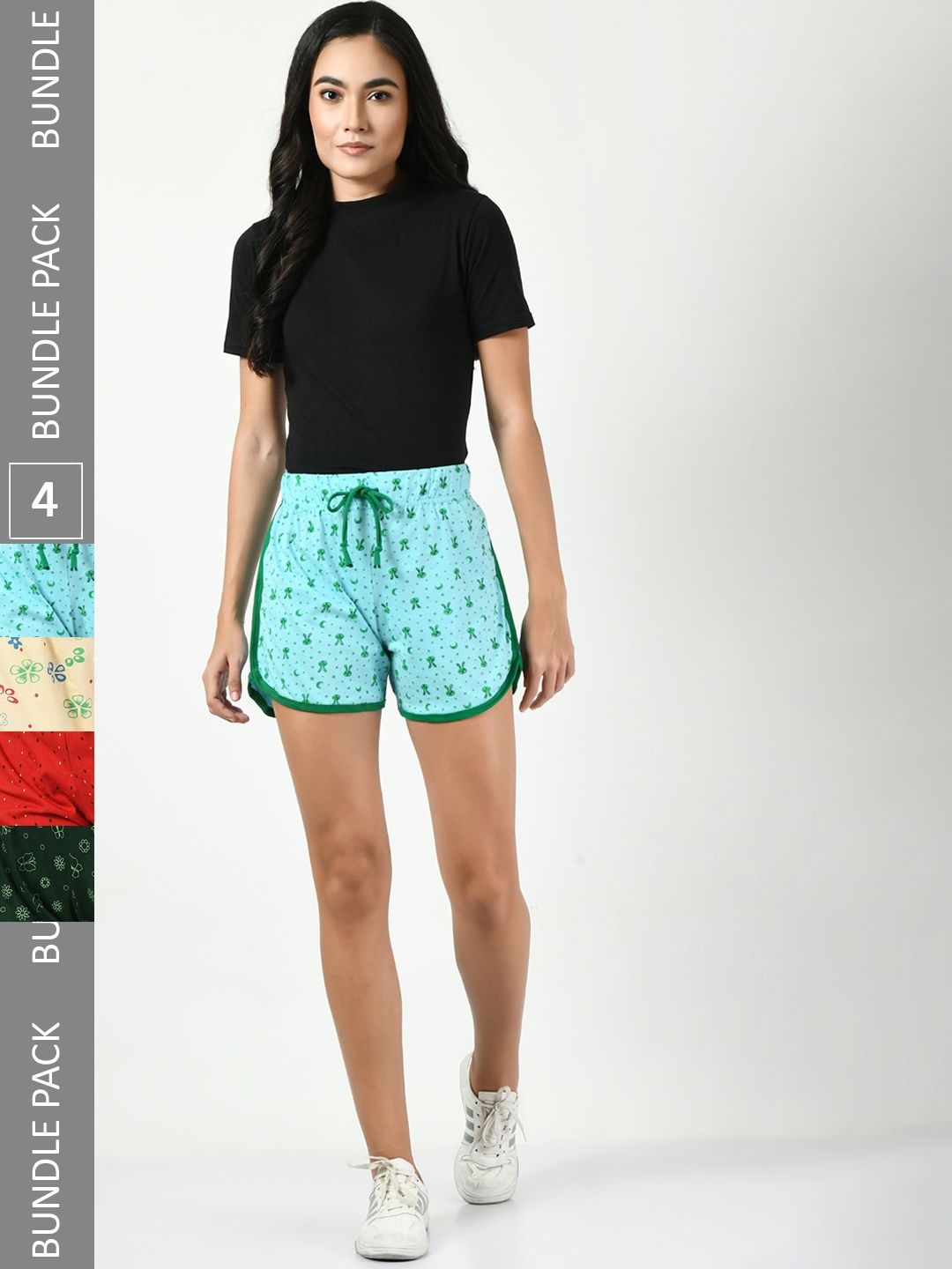 

BAESD Women Pack Of 4 High-Rise Floral Printed Pure Cotton Shorts, Turquoise blue