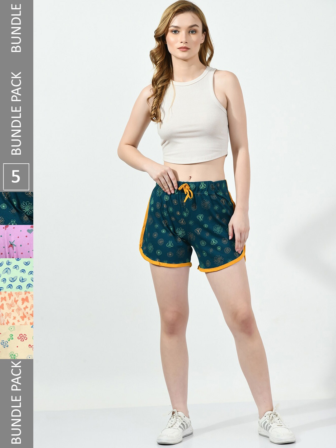 

BAESD Women Pack Of 5 High-Rise Floral Printed Pure Cotton Shorts, Teal