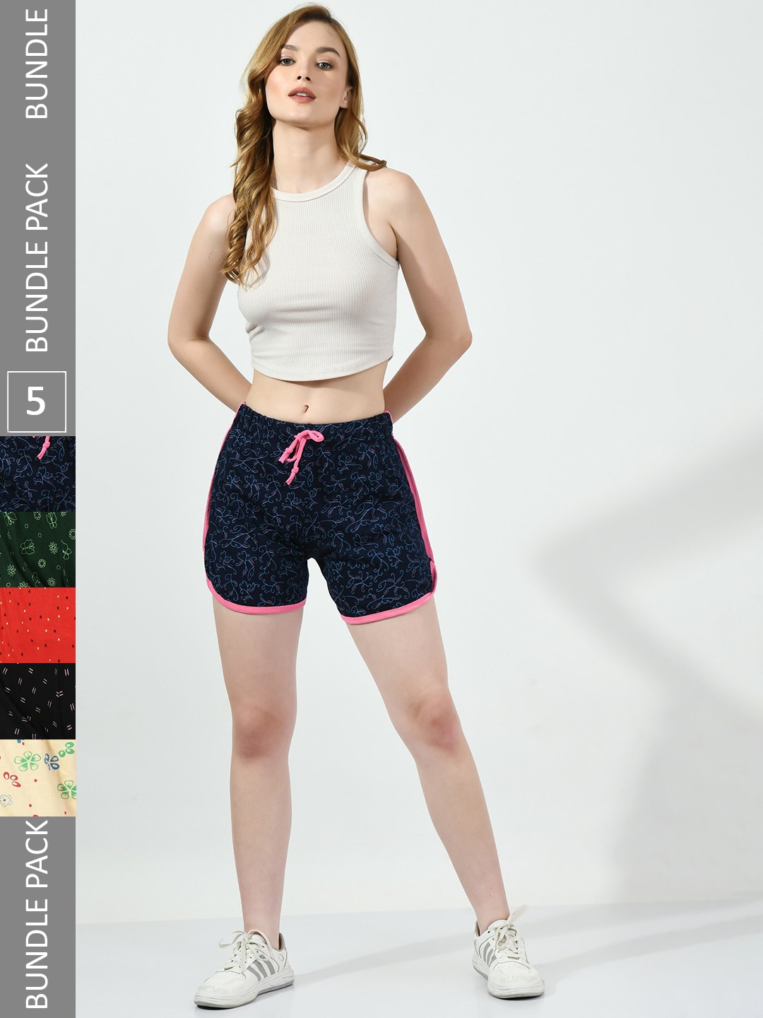 

BAESD Women Pack Of 5 High-Rise Floral Printed Pure Cotton Shorts, Navy blue
