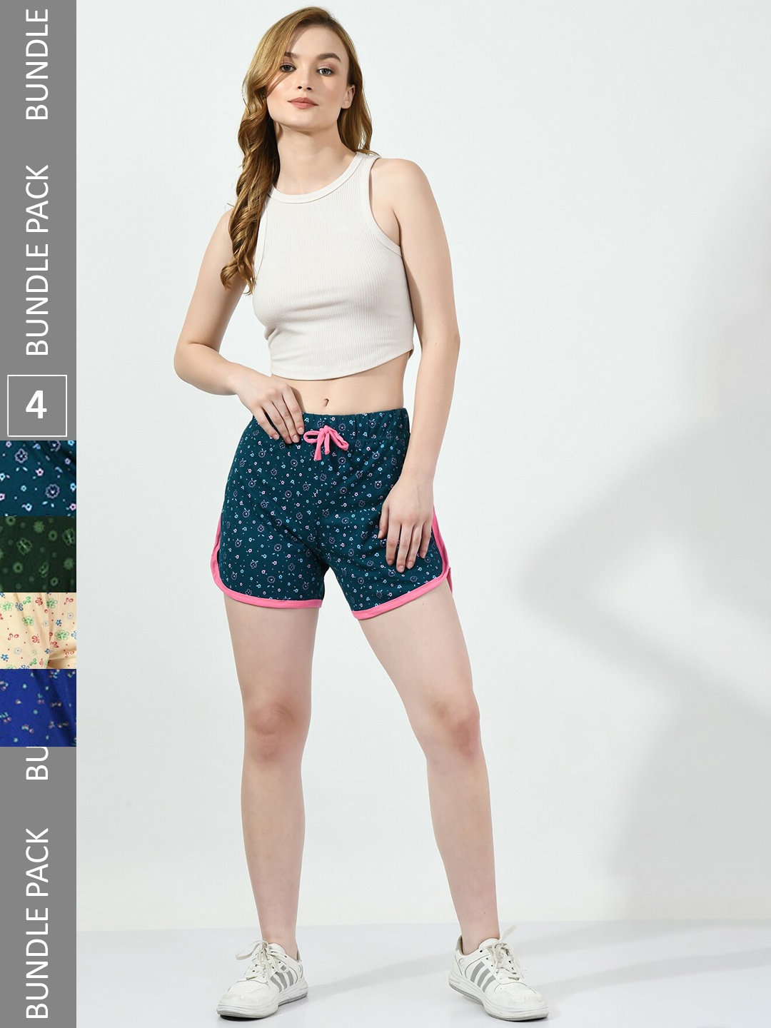 

BAESD Women Pack Of 4 High-Rise Floral Printed Pure Cotton Shorts, Teal