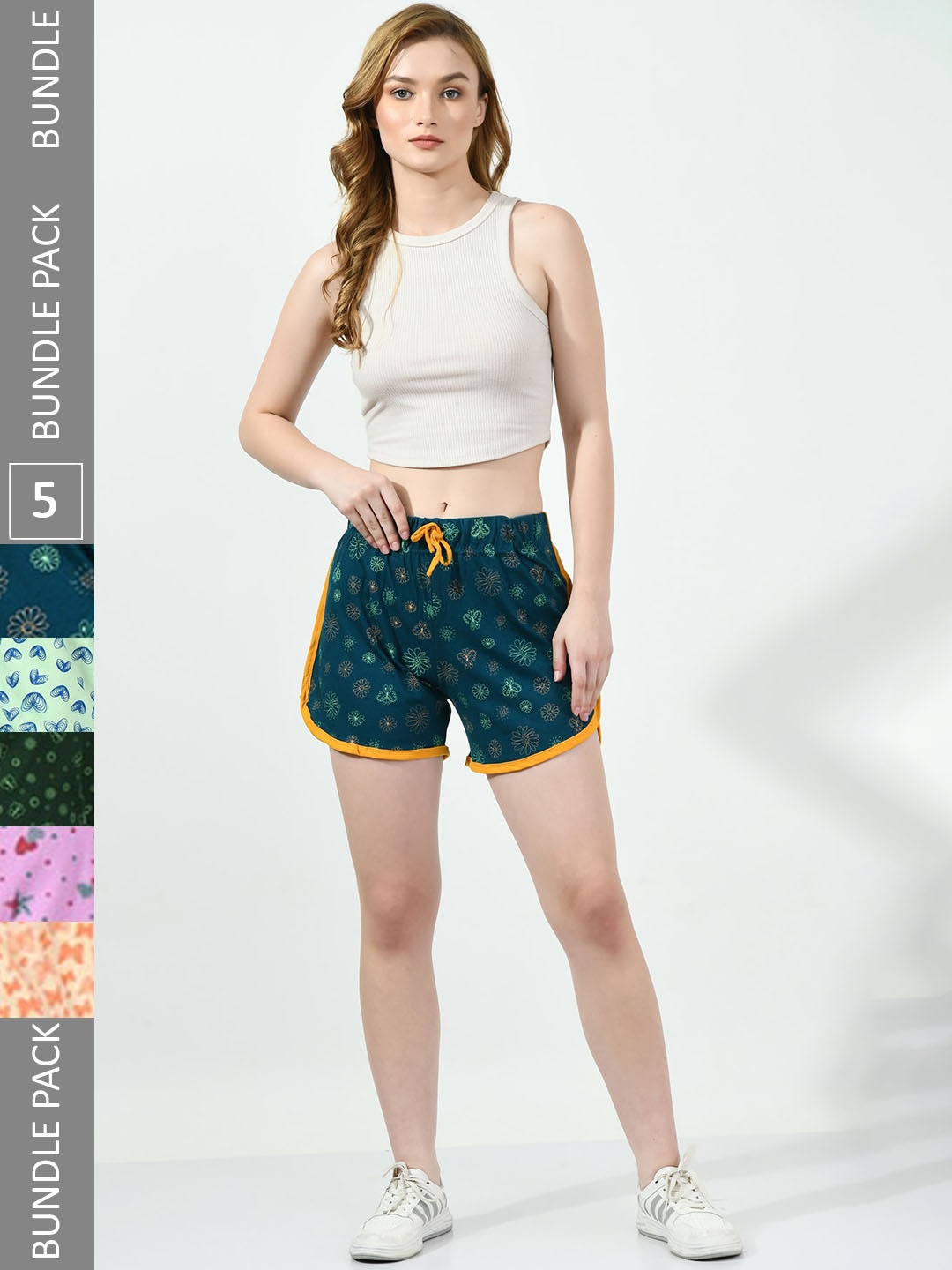 

BAESD Women Pack Of 5 Printed High-Rise Pure Cotton Shorts, Teal
