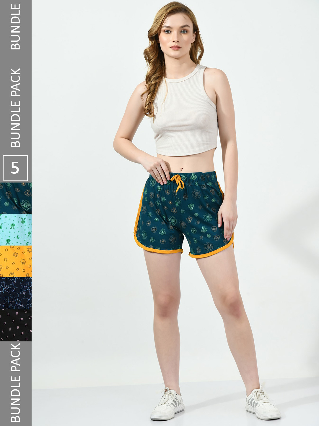 

BAESD Women Pack Of 5 Printed High-Rise Pure Cotton Shorts, Green