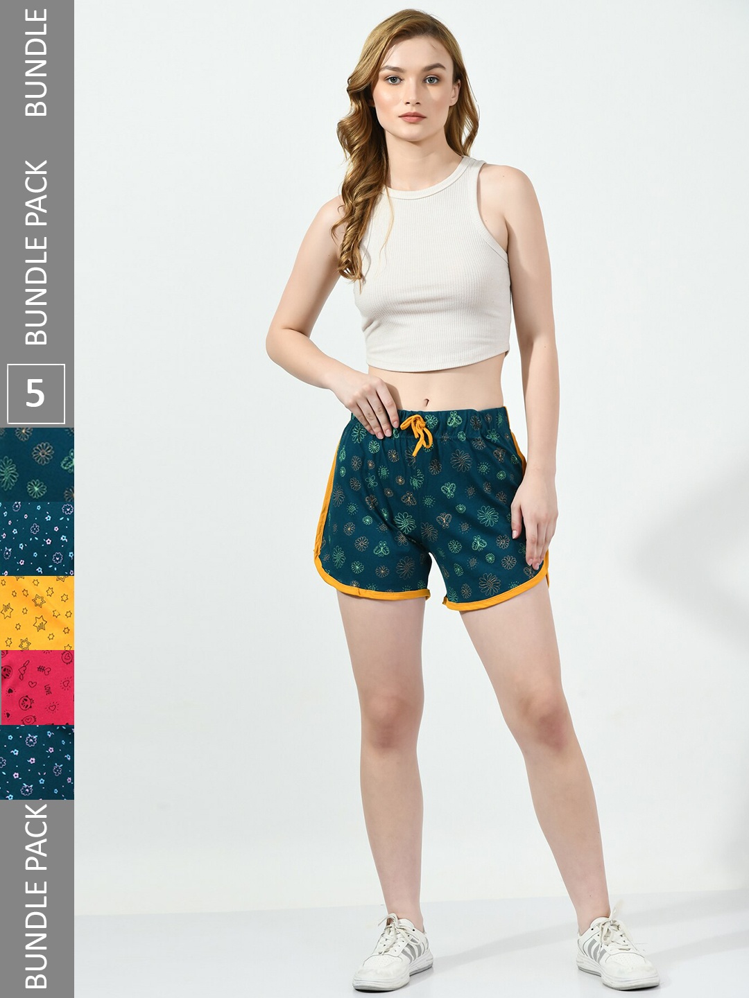 

BAESD Women Pack Of 5 Printed High-Rise Pure Cotton Shorts, Green