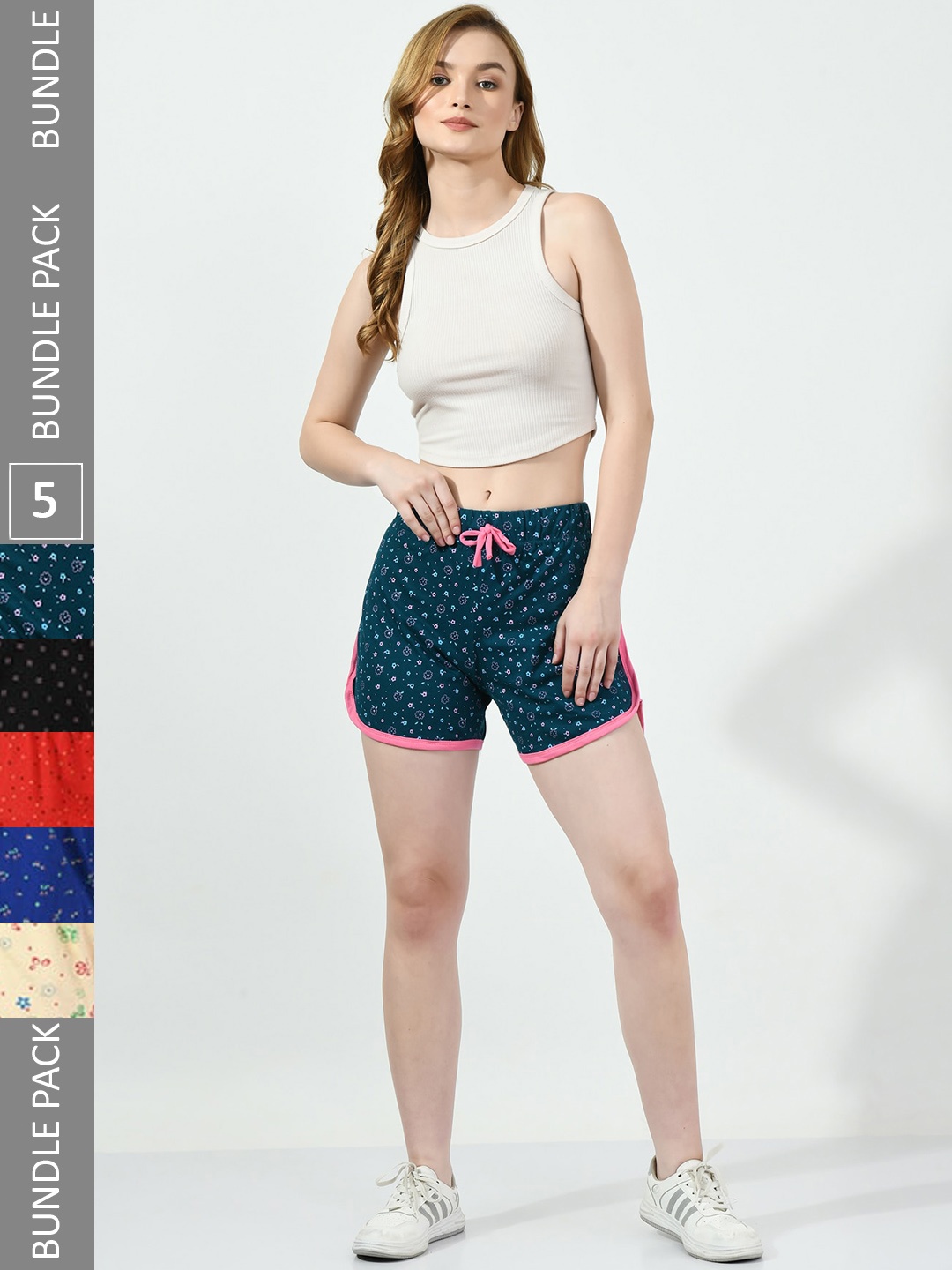 

BAESD Women Pack Of 5 Printed High-Rise Pure Cotton Shorts, Teal