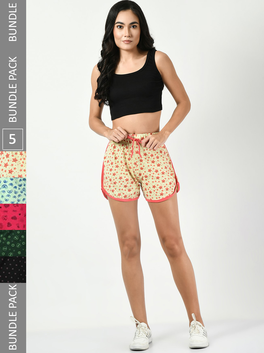 

BAESD Women Pack Of 5 Printed High-Rise Pure Cotton Shorts, Yellow