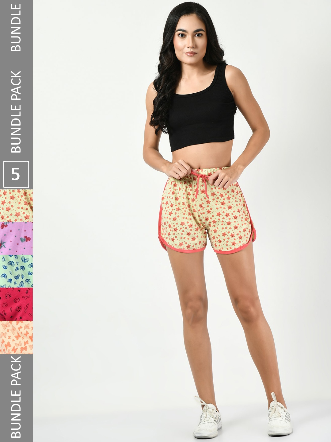 

BAESD Women Pack Of 5 Printed High-Rise Pure Cotton Shorts, Yellow
