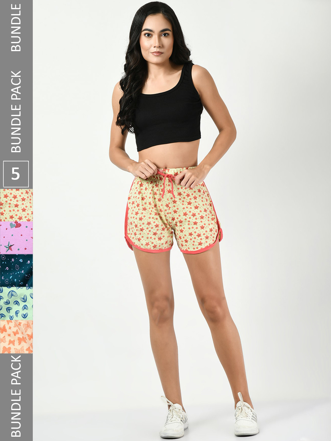 

BAESD Women Pack Of 5 Printed High-Rise Pure Cotton Shorts, Yellow