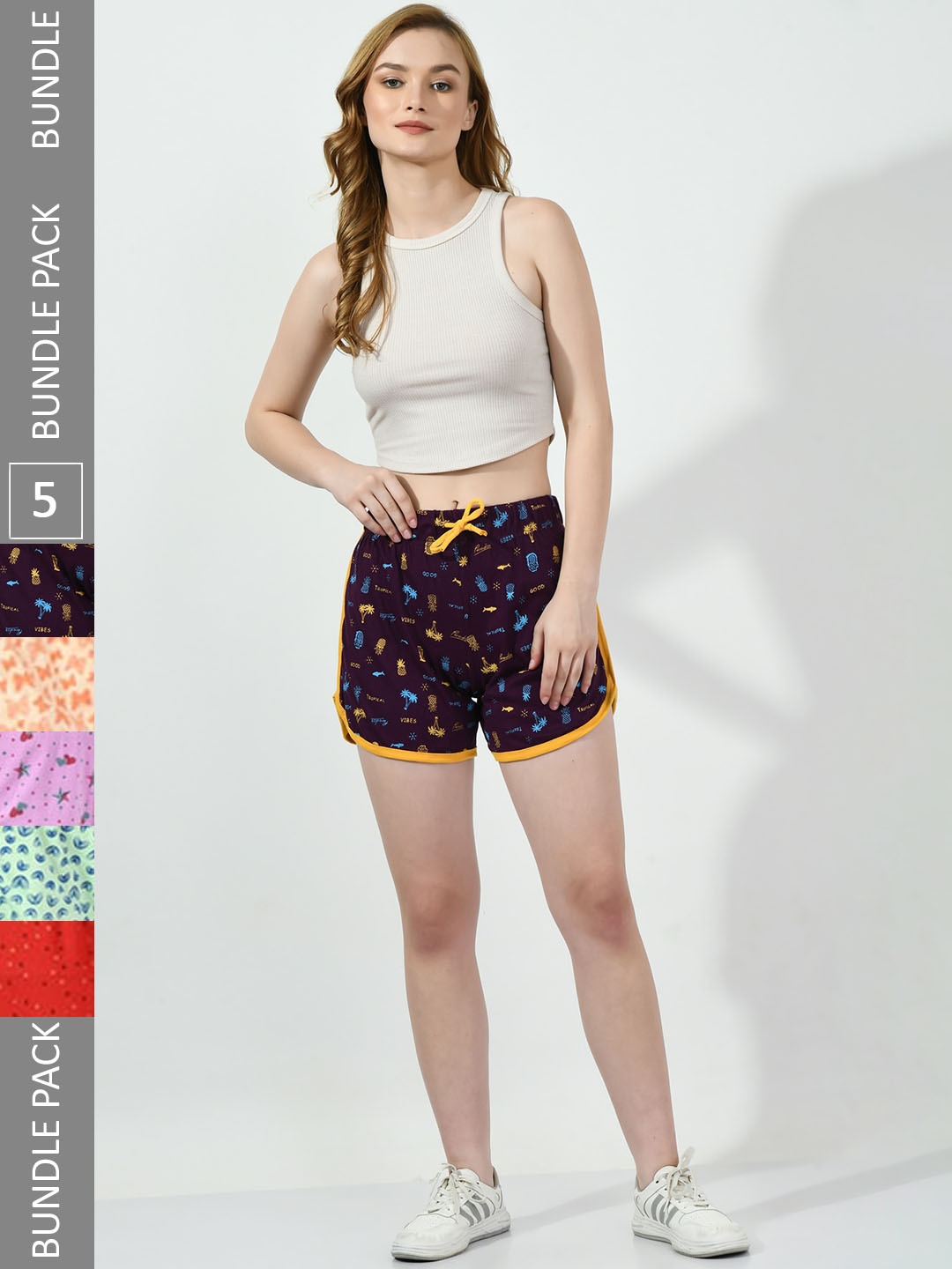 

BAESD Women Pack of 5 Printed High-Rise Cotton Shorts, Purple