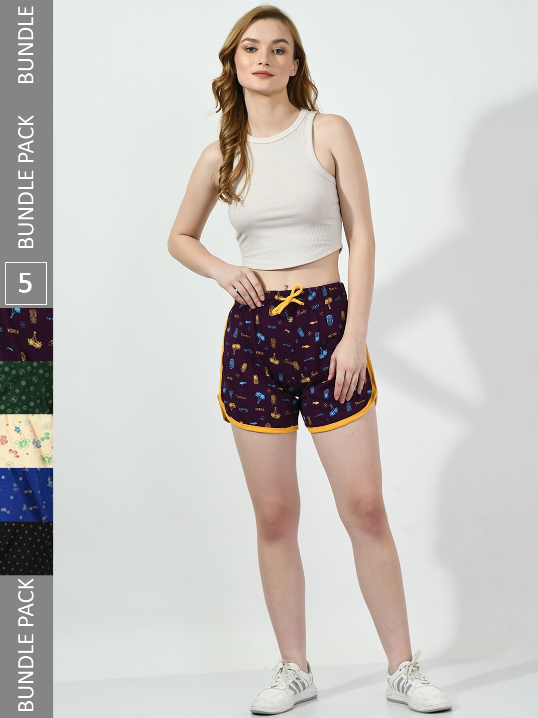 

BAESD Women Pack of 5 Printed High-Rise Cotton Shorts, Purple