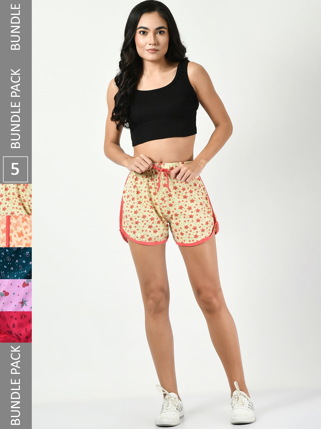 

BAESD Women Pack of 5 Printed High-Rise Cotton Shorts, Beige