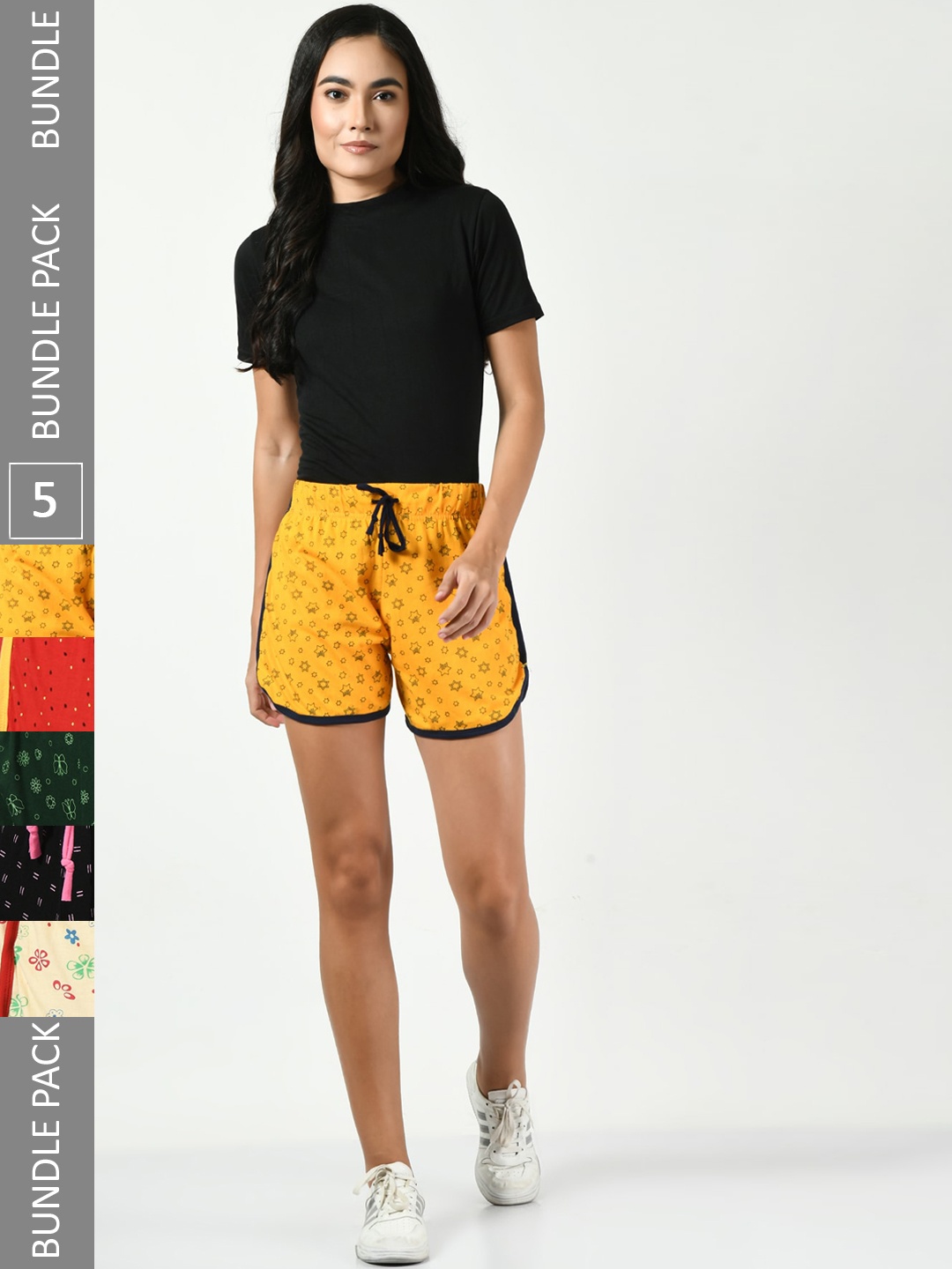

BAESD Women Pack Of 5 Printed High-Rise Pure Cotton Hot Pants, Yellow