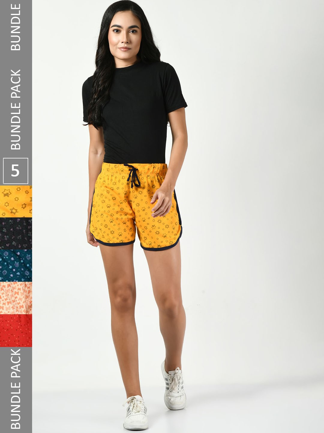 

BAESD Women Pack Of 5 Printed High-Rise Pure Cotton Hot Pants, Yellow