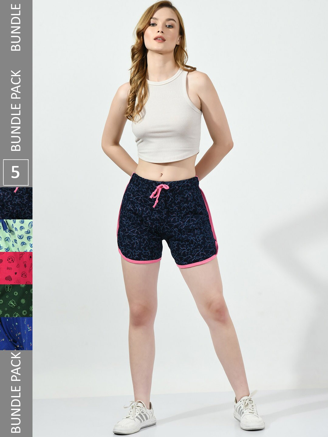 

BAESD Women Pack Of 5 Printed High-Rise Pure Cotton Hot Pants, Navy blue